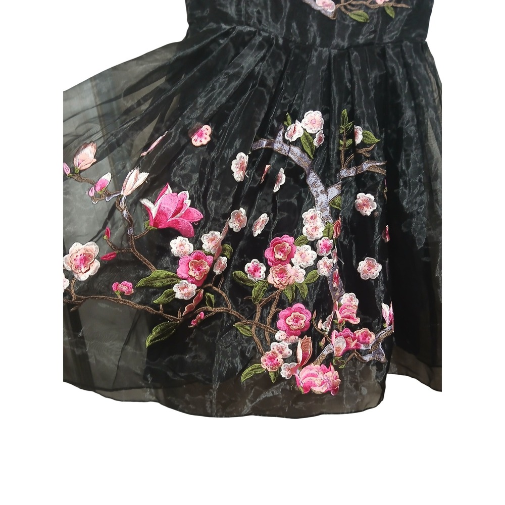 With The Win Black Organza Cherry Blossom Floral Embroidered Mini Dress Small - Picture 6 of 15